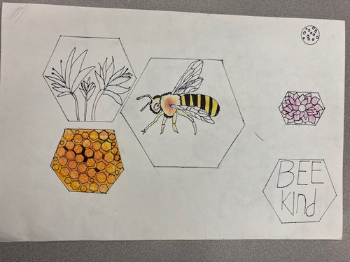 Student drawing. There are 5 hexagons, 2 with flowers, 1 with honey comb, 1 with a detailed drawing of a bee and one that has the words Bee Kind